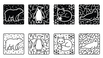 Set of arctic animals icons, polar bear, penguin, arctic fox and seal, vector illustration, flat style, black and white, winter wildlife collection © PixelAura_Studio