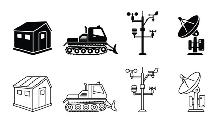 Set of icons representing arctic research station equipment including a small cabin, snowcat vehicle, weather station, and satellite dish antenna © PixelAura_Studio