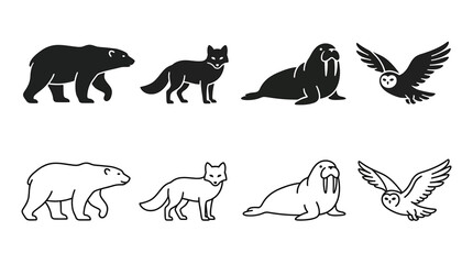 Set of arctic animals icons, polar bear, arctic fox, walrus and snowy owl, vector illustration © PixelAura_Studio