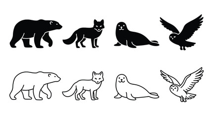 Set of arctic animals icons, polar bear, arctic fox, seal and snowy owl, vector illustration © PixelAura_Studio