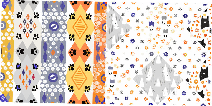 Four pet themed patterns with paws diamonds and floral elements