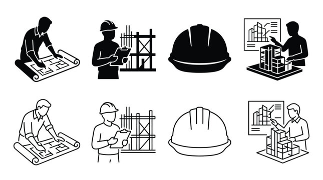 Set of construction and architecture icons, including engineers working with blueprints, building models, and safety helmets