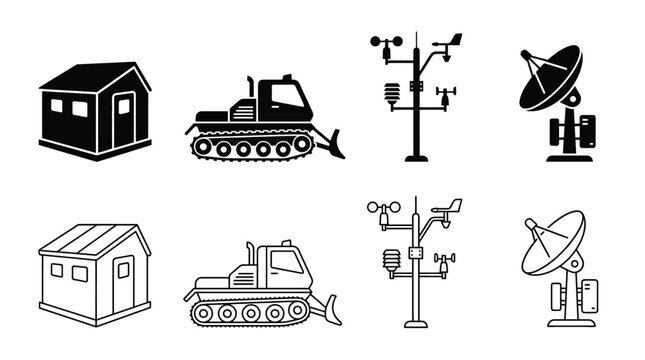 Set of icons representing arctic research station equipment including a small cabin, snowcat vehicle, weather station, and satellite dish antenna