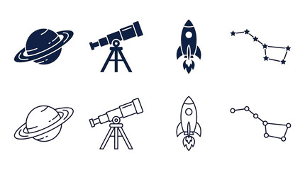Set of space icons, including planet with rings, telescope, rocket ship, and big dipper constellation, vector illustration © PixelAura_Studio