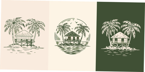 tropical island sketches vintage style triptych with palm trees © Sukla