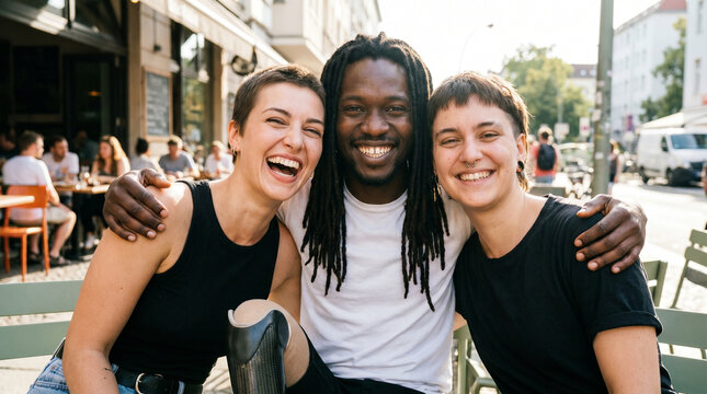 Diverse group of three happy friends with prosthetic leg laughing together at outdoor cafe, inclusion and friendship concept.