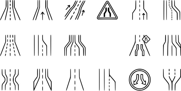 Black and White Line Art Icons of Road Narrowing and Widening, Traffic Signs, Vector Highway Symbols