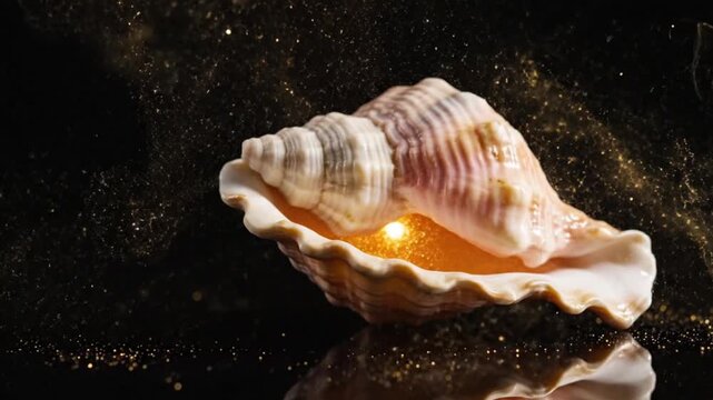 Glowing seashell isolated on black background minimal ocean spirituality concept