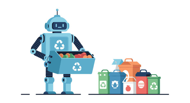 A blue automaton robot carefully lifting a heavy crate of sorted items near a cluster of multicolored recycling receptacles in an organized and bright environment.