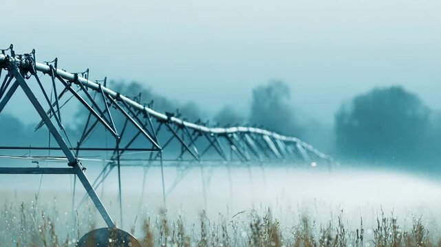 Automatic sprinkler system watering an agricultural field with water droplets visible on dry crops, ensuring efficient water distribution for cultivation in a rural landscape