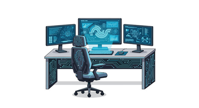 A futuristic desk setup featuring monitors with data visualizations and an ergonomic chair with integrated circuit patterns is displayed in a clean white environment.