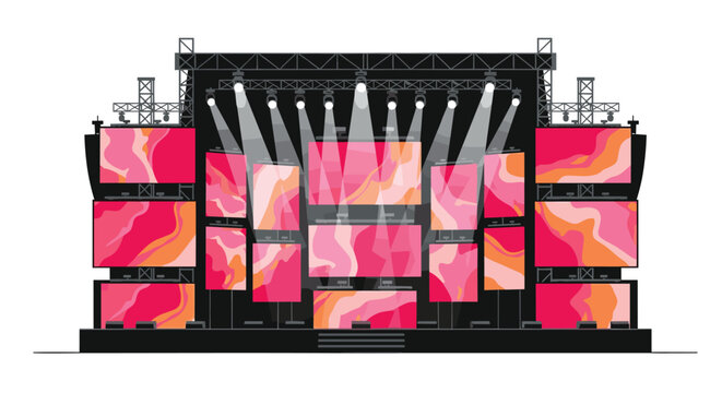 A multi-screen concert stage setup stands empty with overhead truss rigging and white spotlight beams illuminating the dark performance area against a white background.