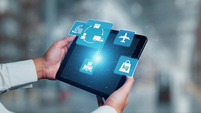 Logistics icons illustrate delivery, supply chain, warehouse, and shipping. Logistics connects global trade, logistics optimizes transport, and logistics supports inventory tracking. Gist