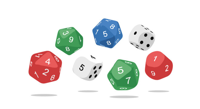 A collection of colorful polyhedral dice with numbered faces floats in mid-air against a clean white background in a high-contrast studio setting with soft lighting.