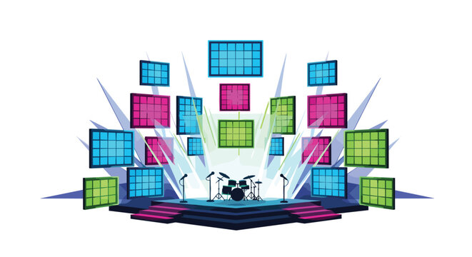 A musical drum set sits center stage on a platform surrounded by glowing multi-colored square light grids in a vibrant performance venue setting.