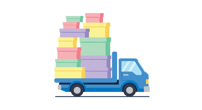 A small blue transport vehicle carries a high stack of colorful square shipping boxes stacked on its flatbed cargo area against a plain white background.