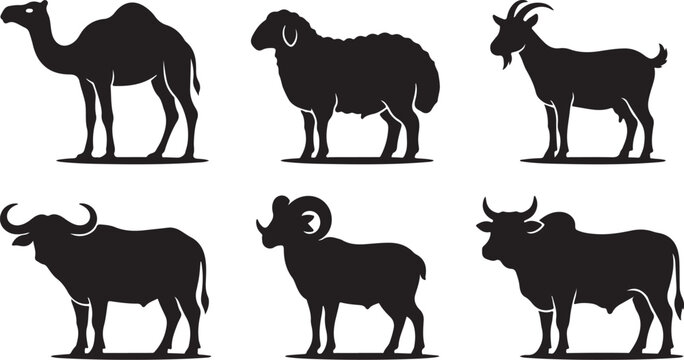 Black animal silhouettes, desert wildlife icons, camel, sheep, goat, bull, ram, bison, vector graphics