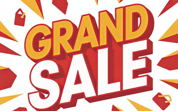Grand sale text with shopping bag icons and starburst background discount label retail sale price reduction limited time flash sale discount promotion shopping marketing advertisement