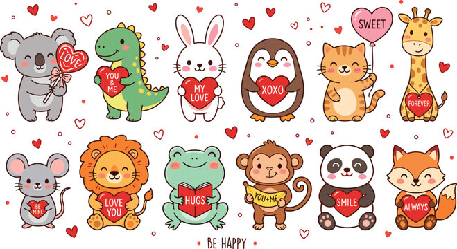 Adorable Valentine's Day Animal Vector Collection Featuring Cute Characters Holding Hearts and Romantic Messages for Greeting Cards, Stickers, and Love Themed Designs