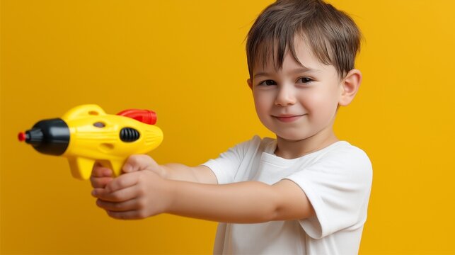 Young child holds toy gun with joyful expression