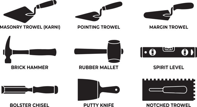 Masonry tools, construction icons, trowels, hammers, chisels, vector set