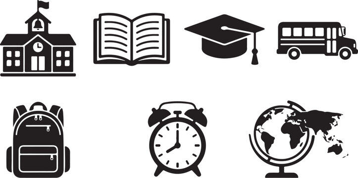 School icons, education symbols, black and white graphics, 6 icon set, vector illustrations