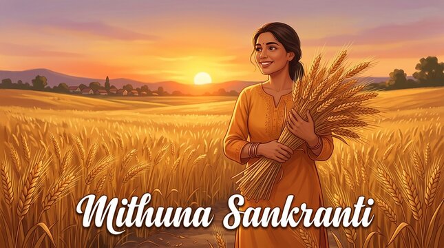 Mithuna Sankranti Illustration: Indian Woman in Wheat Field at Sunset, Raja Parba Festival Vector