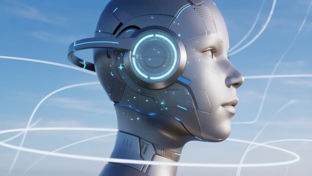 Profile view of a humanoid robot wearing futuristic headphones with glowing blue interface elements against a digital sky background