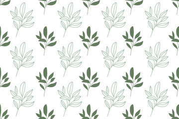 Fototapeta premium Modern Sage Green Leaves Seamless Vector Pattern with Line Art and Solid Botanicals. 