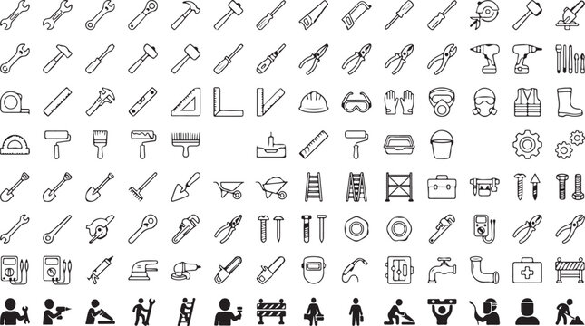 Construction icons, building tools, architecture symbols, 40 black and white vector graphics