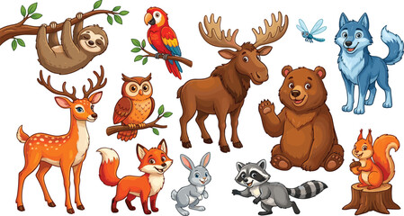 Fototapeta premium Adorable Woodland and Tropical Animal Vector Set Featuring Bear, Moose, Deer, Wolf, Fox, Sloth, and Parrot for Children's Educational Books and Nature Themed Designs