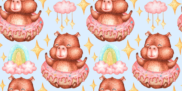 Capybara in a donut with rainbow, pink clouds and stars on a pastel blue background. Seamless watercolor pattern for fabric, textiles, wrapping paper, wallpaper and nursery decor.