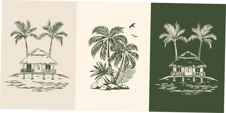 Tropical palm tree and hut sketch triptych with neutral backgrounds