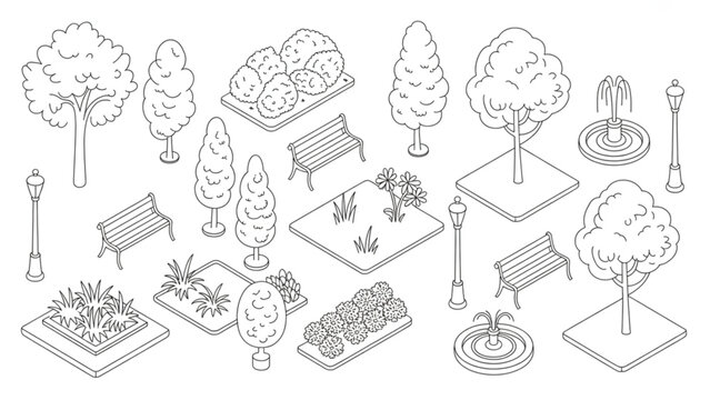 Urban Park Isometric Vector Illustration Set &ndash; Trees, Benches & Fountains