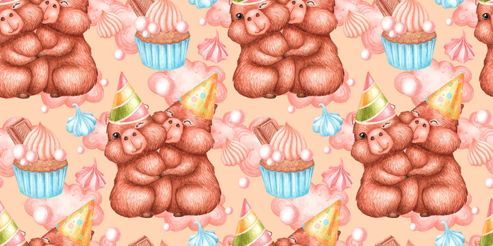 Two capybaras in party hats kissing surrounded by cupcakes, marshmallows, candies and pink clouds on peach background. Seamless watercolor pattern for textile, wrapping paper, wallpaper birthday decor