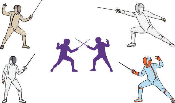 Cartoon Fencing Athletes in Action Poses with Fencing Swords for Sports, Competition, and Fitness Designs