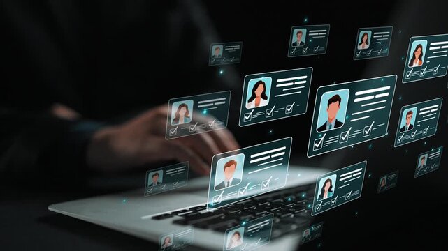 Abstract representation of digital data management with user interface elements on a laptop screen symbolizing technology and networking in a dark space Sigmoid