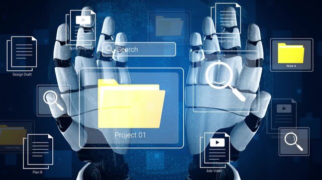 Robotic Hands Interacting with Digital Files and Folders in a Futuristic Environment with Search Functionality and Graphic Elements Gluon.