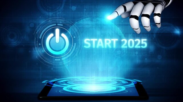 Start 2025 concept with futuristic power button symbolizing fresh beginnings, innovation, and digital transformation. Start 2025, new goals, and start 2025 initiative. Muxer