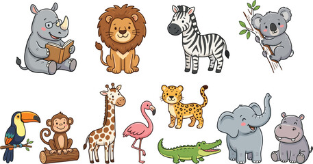 Fototapeta premium Adorable Safari and Jungle Animal Vector Set Featuring Reading Rhino, Lion, Zebra, Koala, Giraffe, and Elephant for Children's Educational Books and Nursery Art Designs