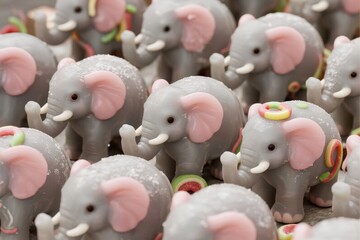 Obraz premium A collection of gray elephant figurines with pink ears and decorative elements
