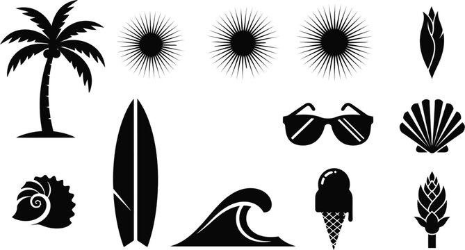 set of silhouettes of beach