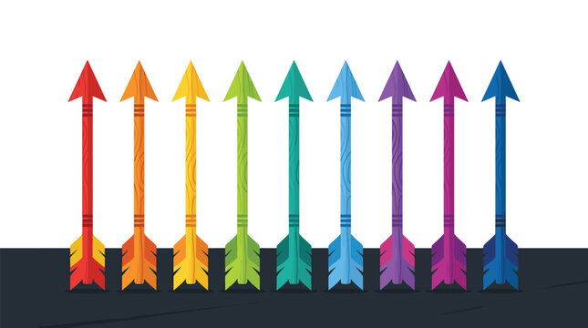 A horizontal sequence of nine stylized wooden arrows arranged in a spectrum of vibrant colors stands vertically against a clean white background with a dark base.