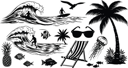 Obraz premium Summer icons beach ball sun parasol and sandcastle illustration
