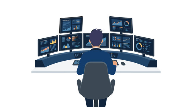 A business analyst observes multiple digital charts on diverse computer screens while seated at a modern desk workstation against a clean white background environment.