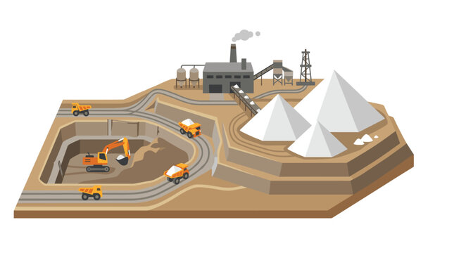A flat vector illustration depicts an active open-pit mining site with yellow earthmoving machinery transporting extracted minerals to a central processing plant facility setup.