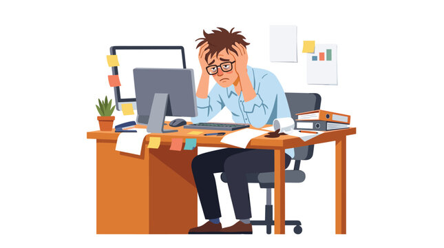 A frustrated office worker sits at a wooden desk with a computer monitor and cluttered documents in a bright workspace filled with soft neutral tones and professional lighting.