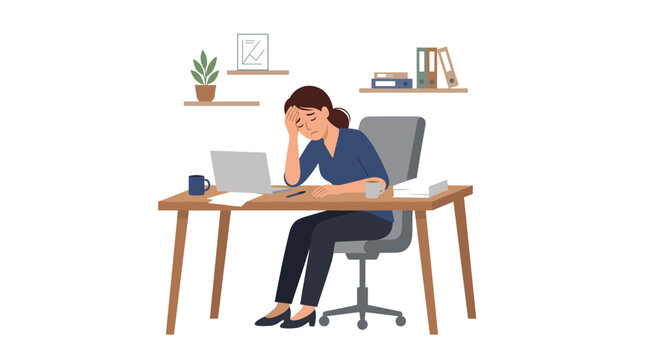 A weary woman sits slumped at a wooden desk with a laptop and documents while appearing exhausted or sad in an office room with shelves against white walls.