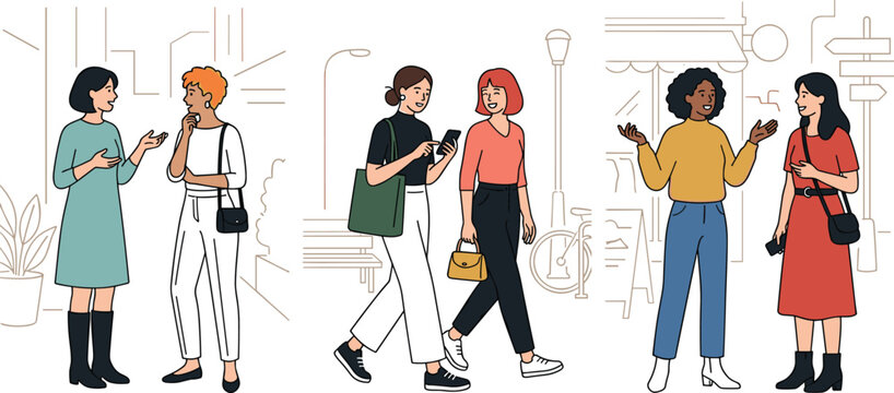 Illustration of Women Socializing, Talking, and Walking in Casual Outfits for Friendship and Lifestyle Designs