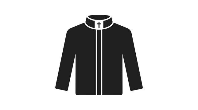 A black clerical shirt with a white tab collar featuring a small cross icon is presented as a clean minimalist graphic on a white background.